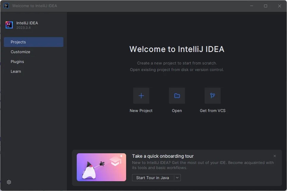 JetBrains InteliJ welcome screen